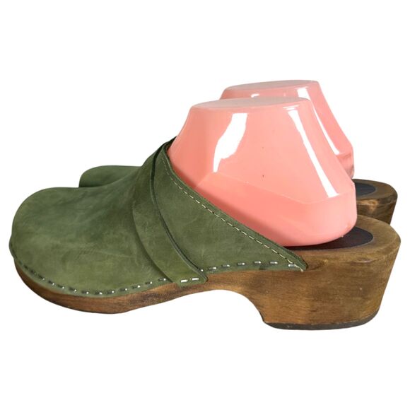 Lotta's from Stockholm Green Leather Wood Chunky Clogs EU 42 US 10 - 10.5 - Picture 3 of 9